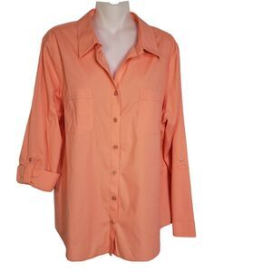Chicos Womens Top Size 2 Large 12 Orange Shirt No Iron Button Front Roll Sleeve